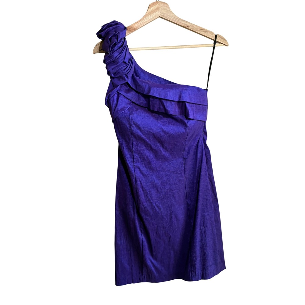 Vintage Rory U.S.A. One Shoulder Ruffle Cocktail Dress L Purple Textured y2k